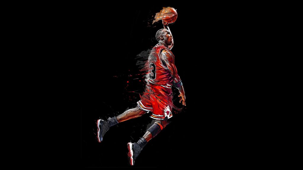 Michael Jordan mid-slam dunk digital art with paint-splatter Bulls uniform black background wallpaper