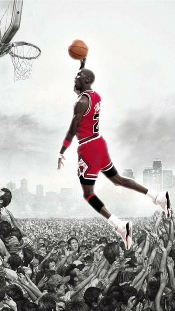 The Airborne Icon: Michael Jordan's Gravity-Defying Dunk Captivating a Thrilled Audience in an Electric Sports Smartphone Wallpaper