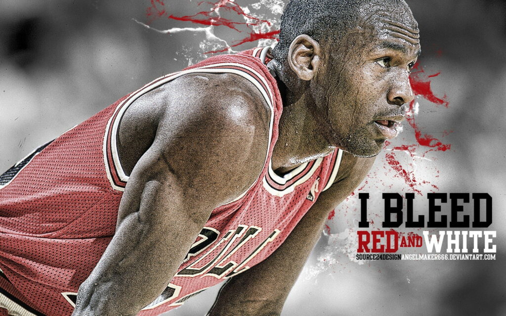 Intense Basketball Game Wallpaper with Celebrity Michael Jordan in Red Jersey: I Bleed Red & White