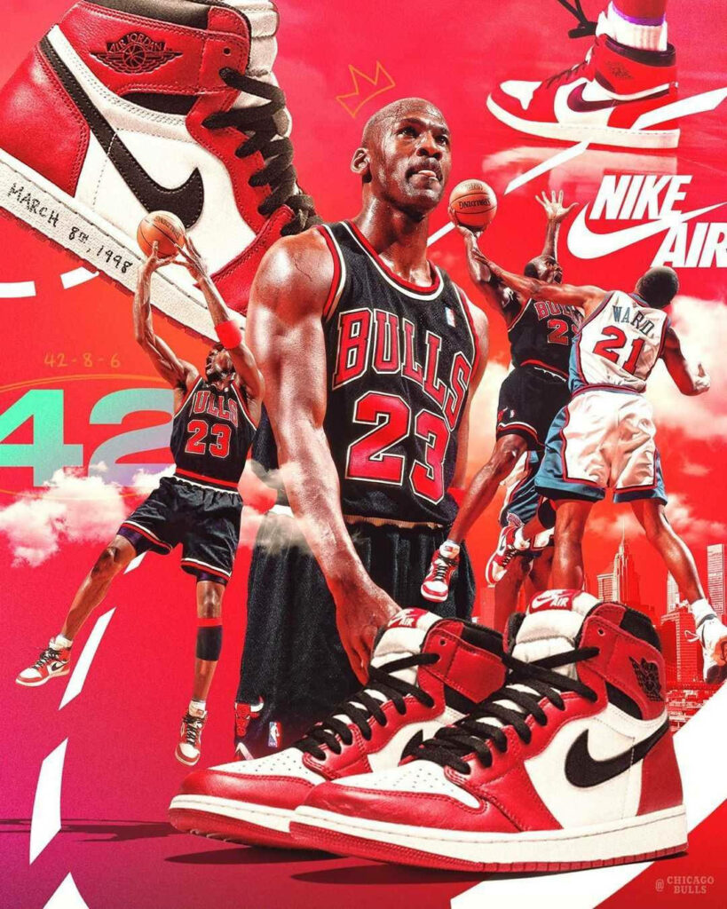 Legend in Red: Michael Jordan Dominating the Court with Chicago Bulls and Iconic Nike Air Jordans Wallpaper