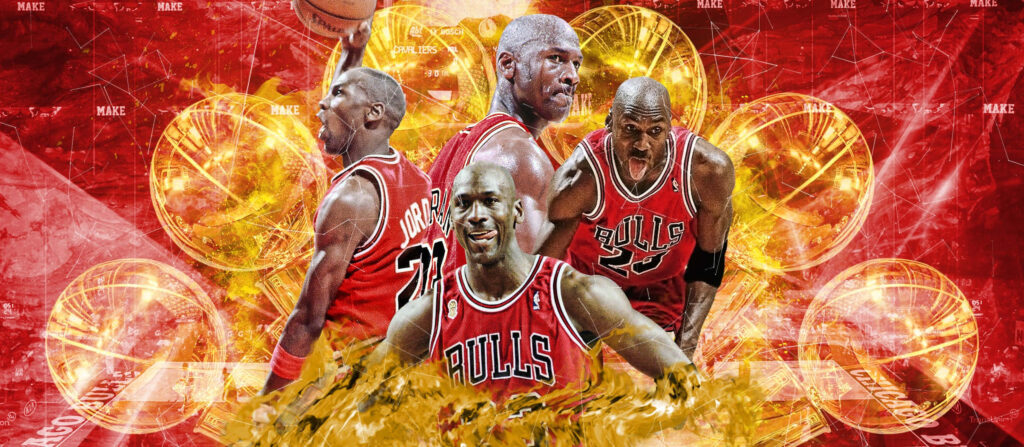 Emotional Evolution of Basketball's Icon: Michael Jordan Illustrated amidst Vibrant Red and Yellow Spectacle Wallpaper