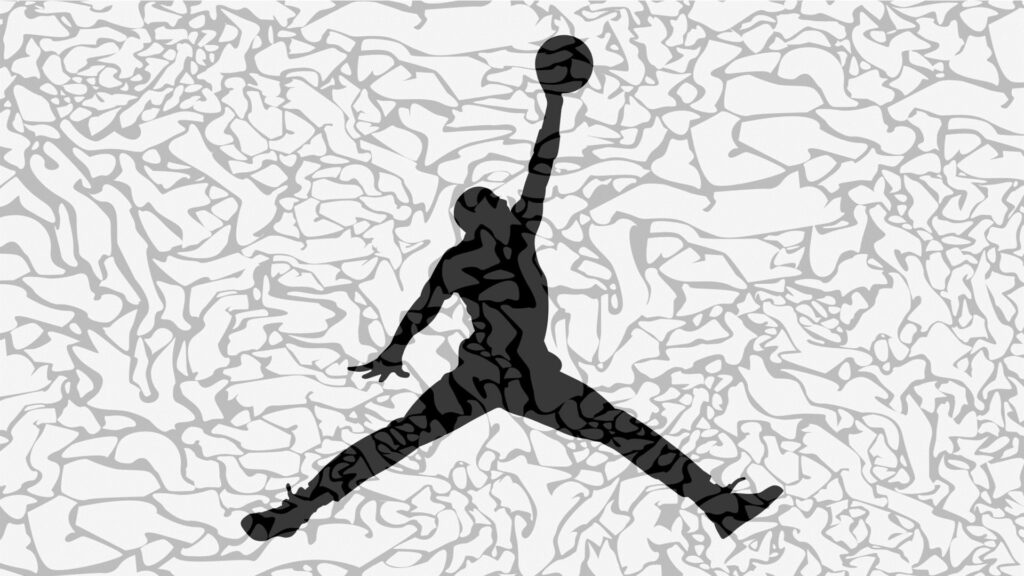 Black Jumpman silhouette on grey white elephant print wallpaper honoring Michael Jordan