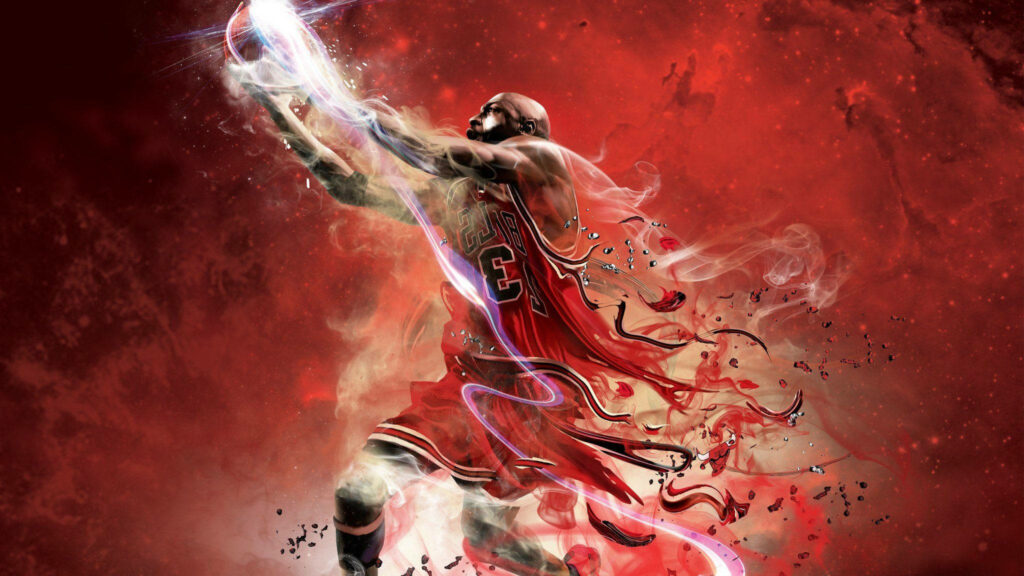Dunking Dominance: Michael Jordan Soars in Scarlet Glory Wallpaper
