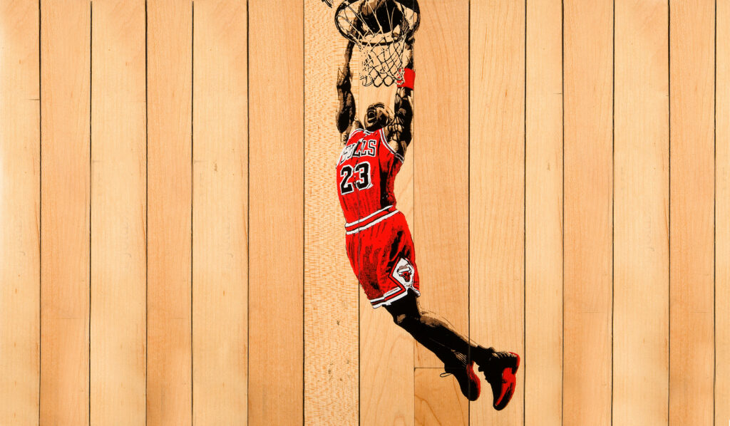 Airborne Majesty: Michael Jordan's Dynamic Dunk in Striking 4K Artwork, Dominating the Hardwood Court Wallpaper