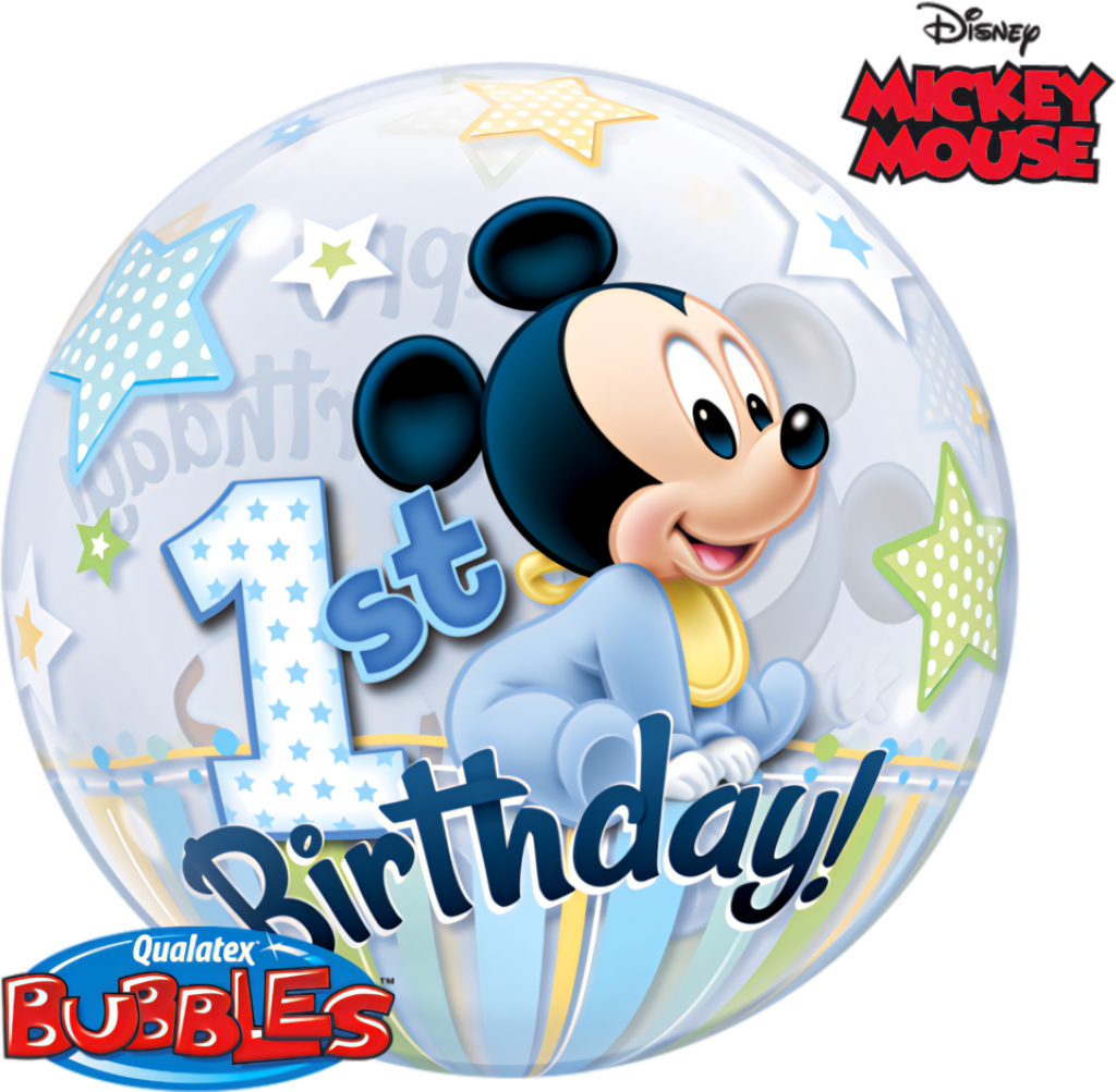 Playful Mickey Mouse 1st Birthday Wallpaper with Colorful Bubbles