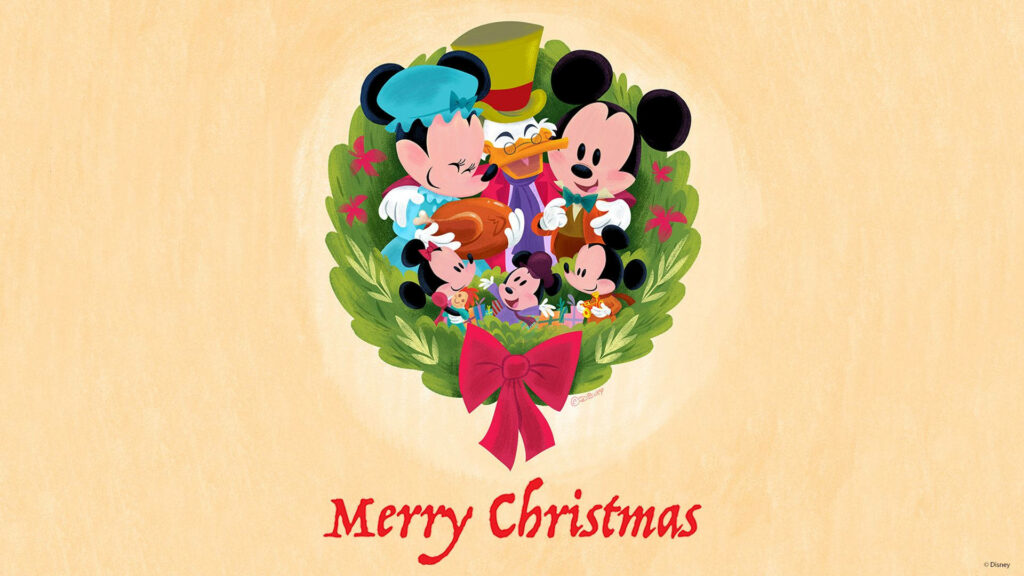 Festive Mickey Mouse & Friends Christmas Wreath Wallpaper Design