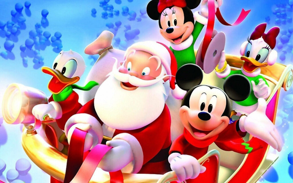 Mickey Mouse Clubhouse characters ride festive sleigh with Santa in snowy winter sky holiday wallpaper