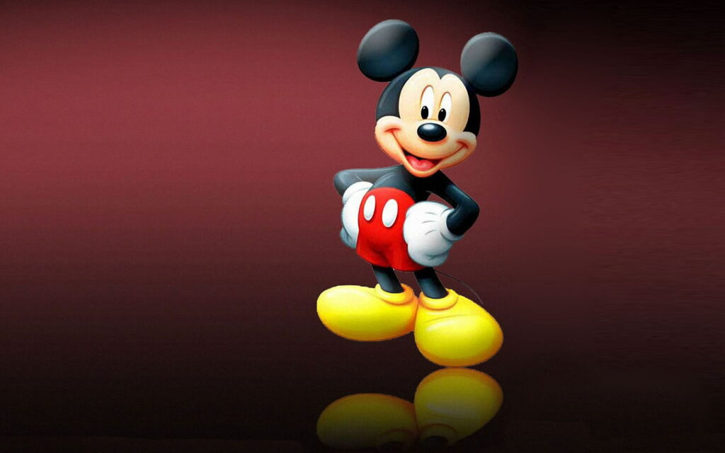 3D CGI Mickey Mouse wallpaper cheerful pose dark red gradient background high-quality desktop mobile