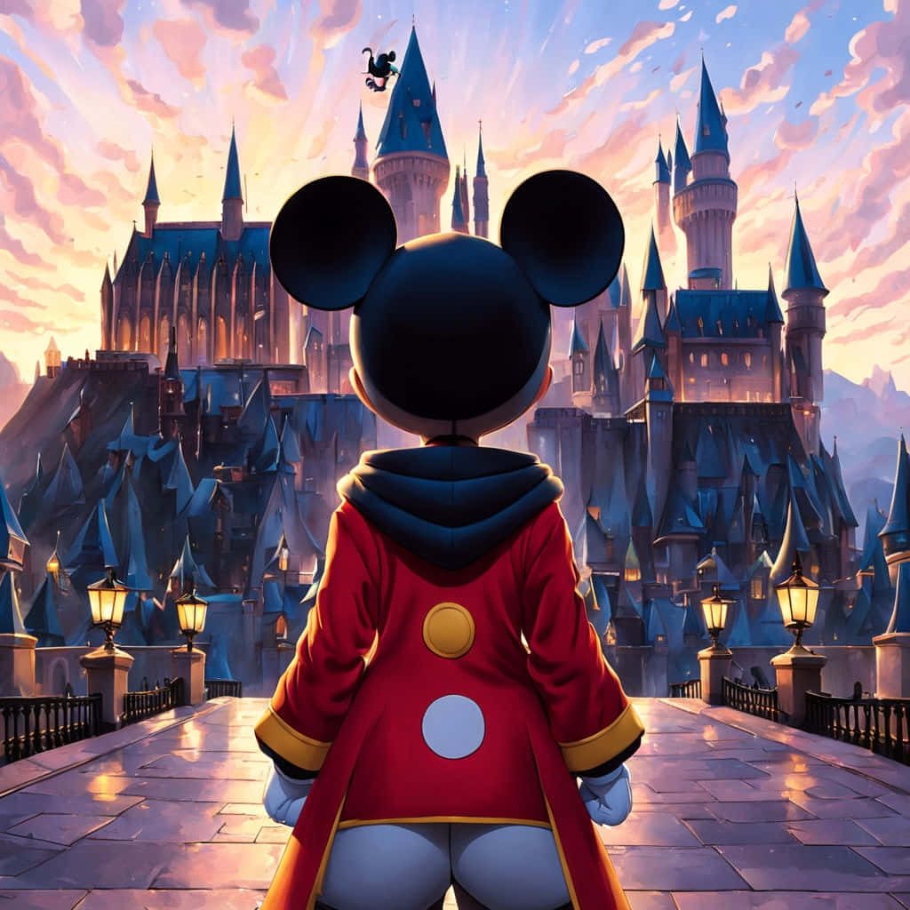 Mickey Mouse in red coat on lantern bridge gazing at vibrant magical castle under sunset sky Wallpaper