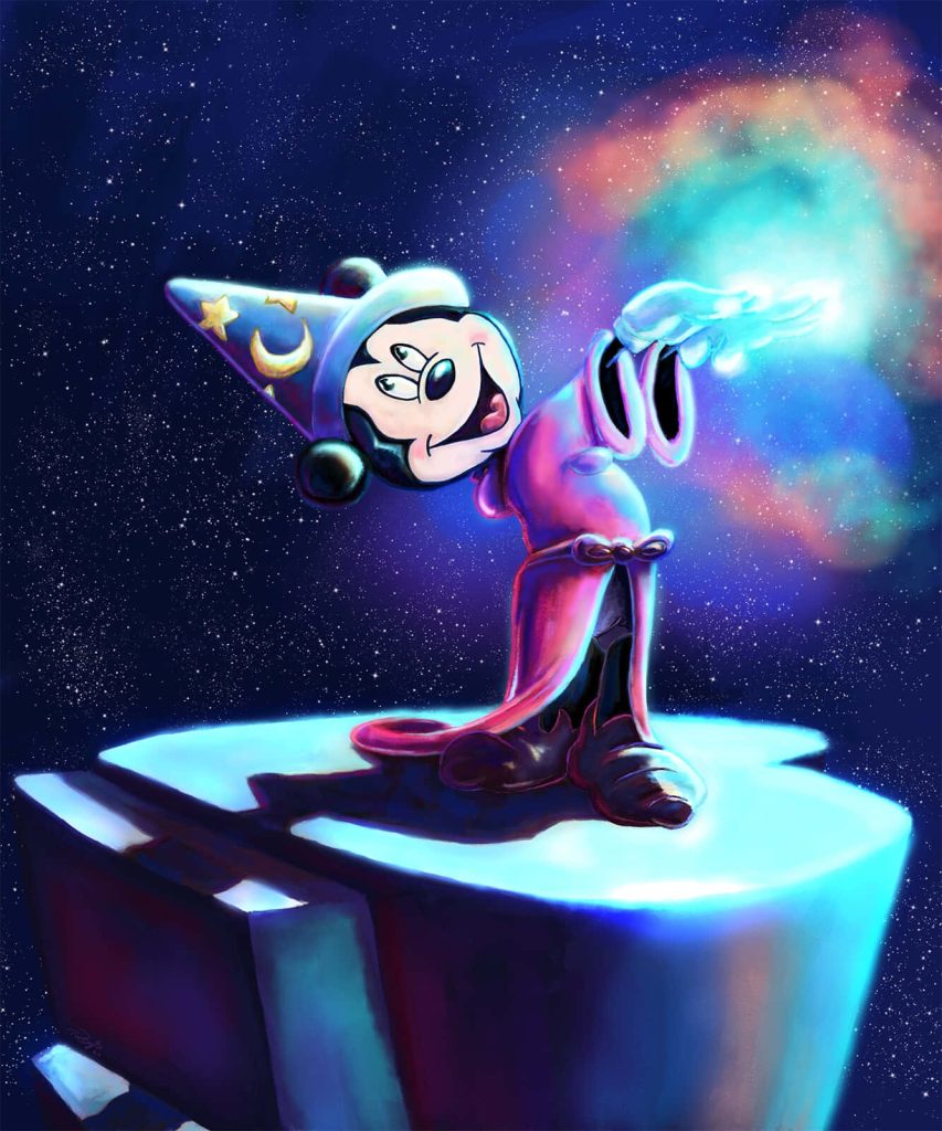 Mickey Mouse Sorcerer’s Apprentice casting colorful magic nebula on glowing blue pedestal wallpaper