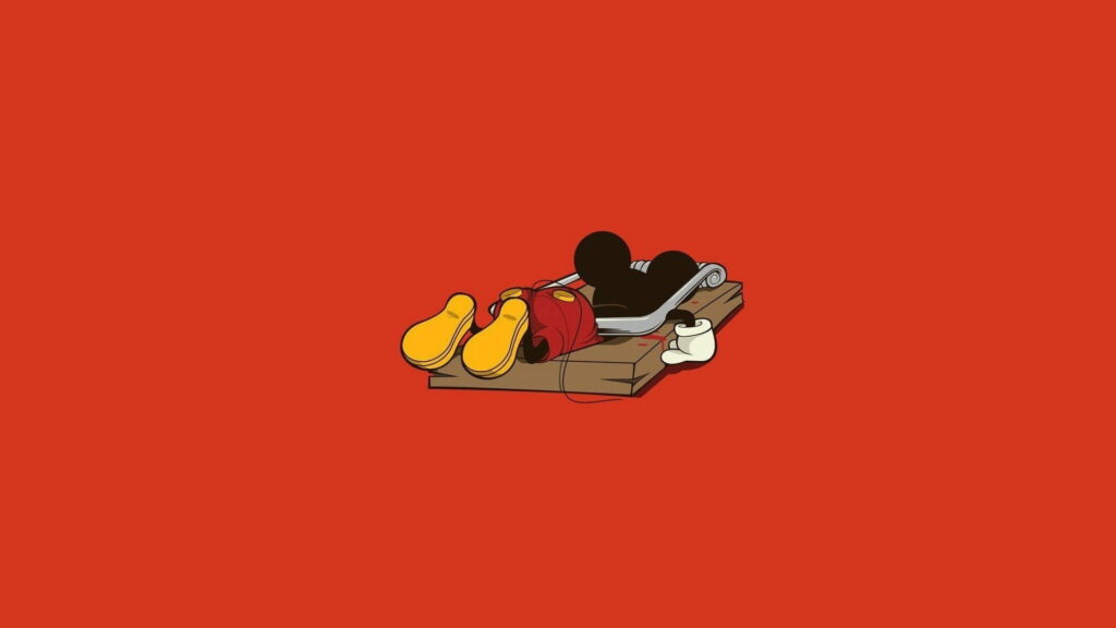 Minimalist vector of Mickey Mouse trapped in wooden mousetrap bright orange red background Wallpaper