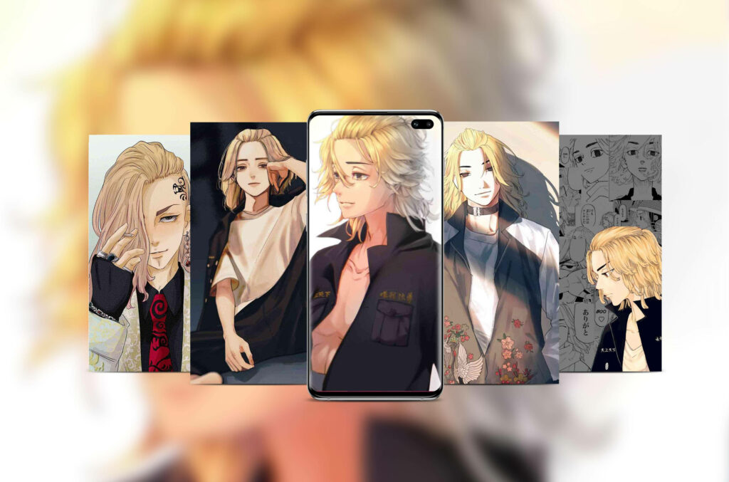 Mikey Tokyo Revengers Takes Center Stage: A Collection of Character Portraits in a Blurred Background Wallpaper