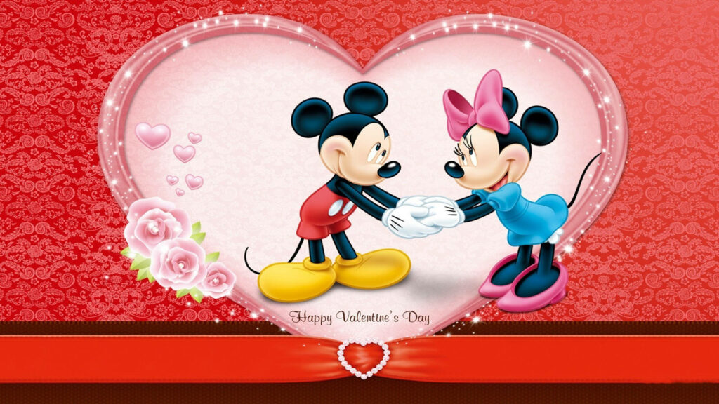 Mickey and Minnie holding hands inside sparkling heart with roses pink tones Happy Valentines Day wallpaper