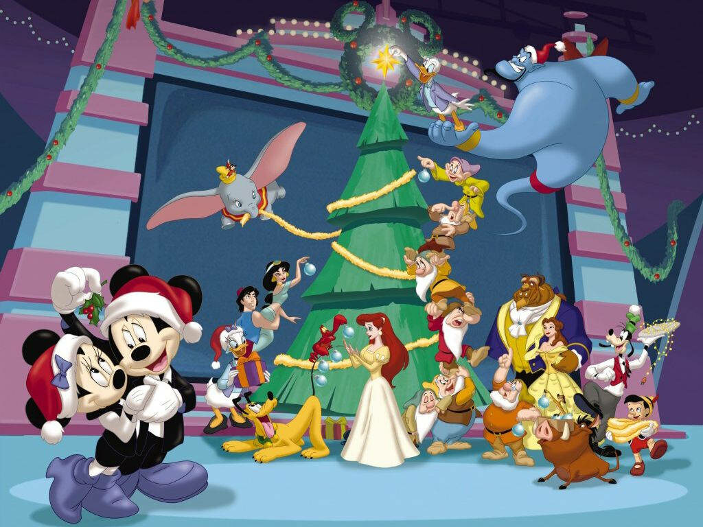Mickey and Friends Mingle: A Festive Disney Christmas Tree Celebration Wallpaper