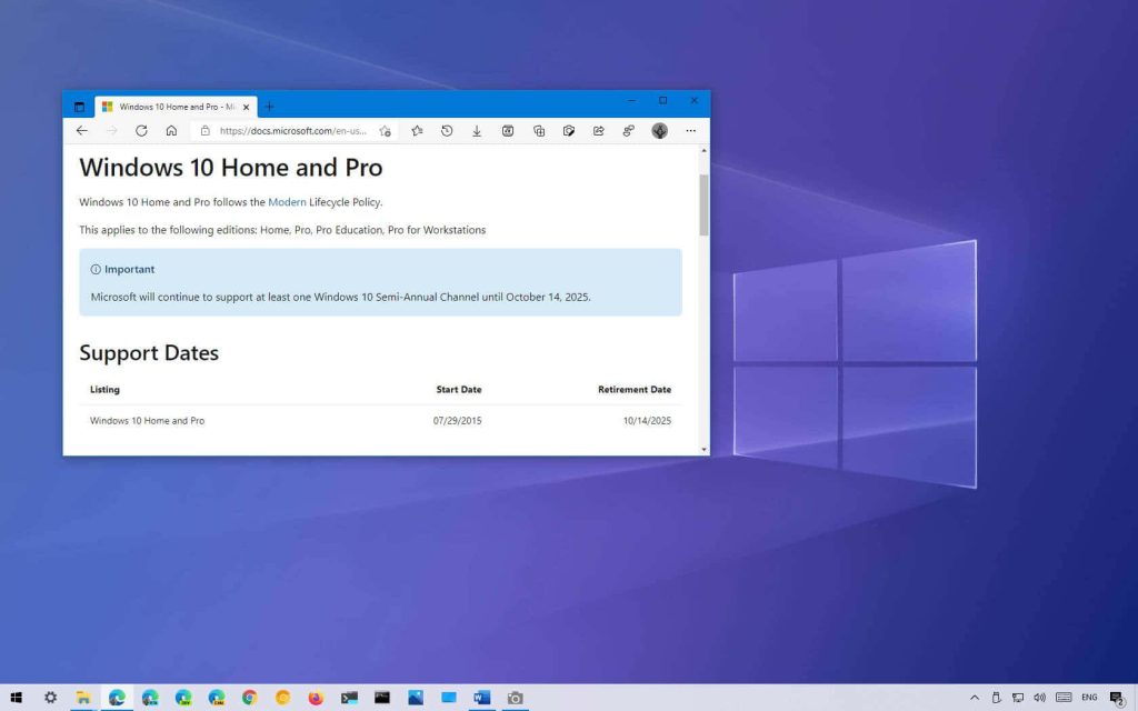 Microsoft Edge open on Windows 10 lifecycle policy page with classic blue Windows desktop background Wallpaper