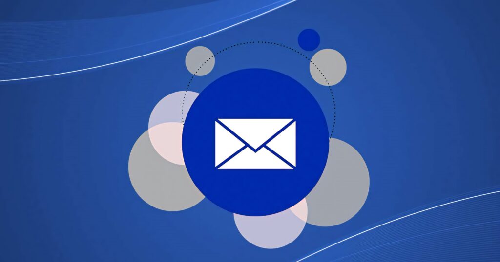 Mail Microsoft icon on blue abstract background with circles lines modern digital communication wallpaper