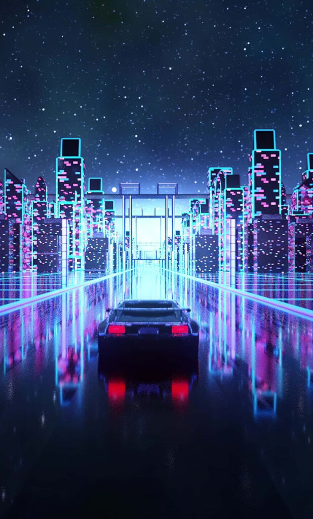 Nighttime Journey Through a Neon Dreamscape: Car Trails Amidst Vibrant Vaporwave Skyscrapers Wallpaper