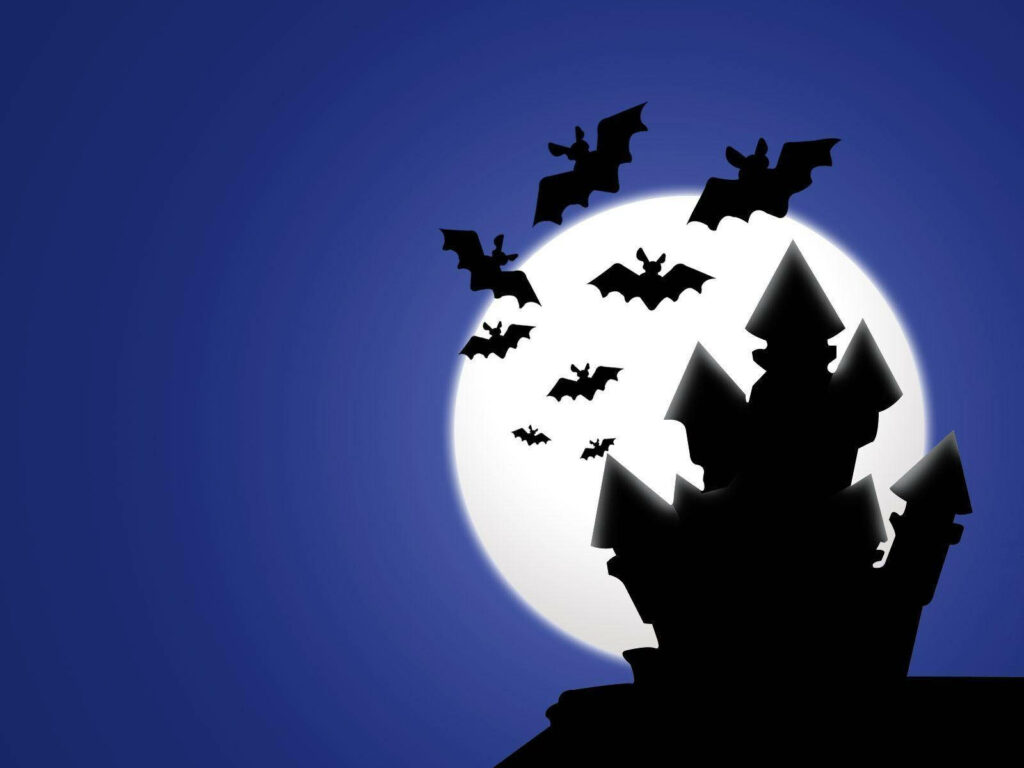Nightmares Unleashed: Eerie Haunted House, Gleaming Full Moon, and Bewitching Bats - A Spooky Halloween Laptop Background Wallpaper