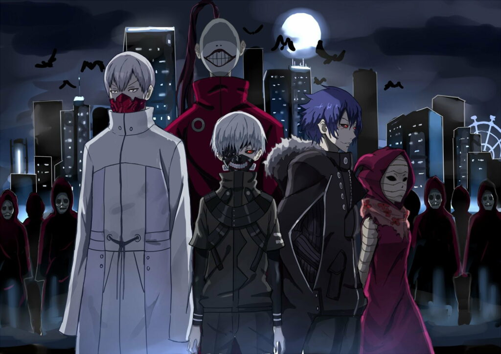 Midnight Encounters: Neon Shadows of Tokyo Ghoul's Enigmatic Figures Wallpaper