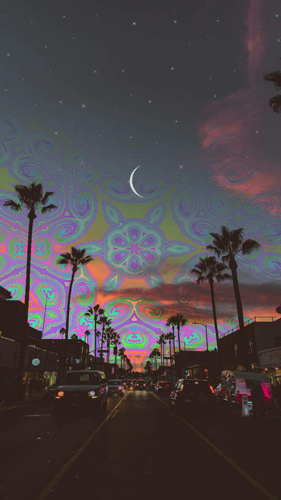 Nighttime Serenity: Mesmerizing Roadside Palms - Trippy Dope Background Wallpaper