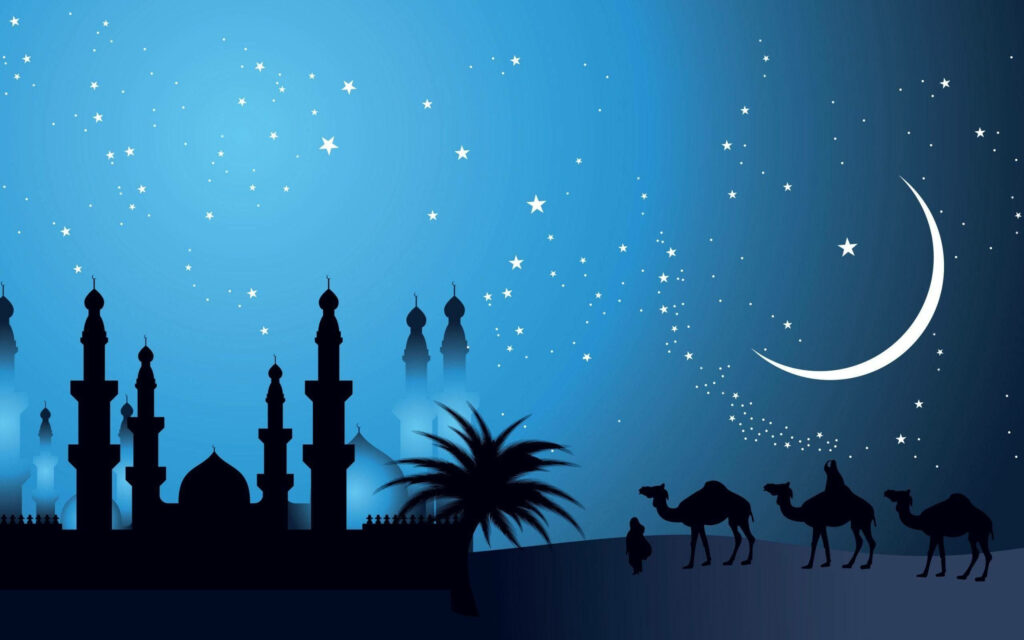 Serene desert night with mosque silhouette camel caravan crescent moon and starry sky background Wallpaper