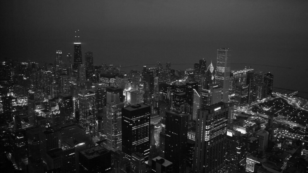 Midnight Monochrome Metropolis: A Stunning High-Definition Black and White Cityscape Wallpaper