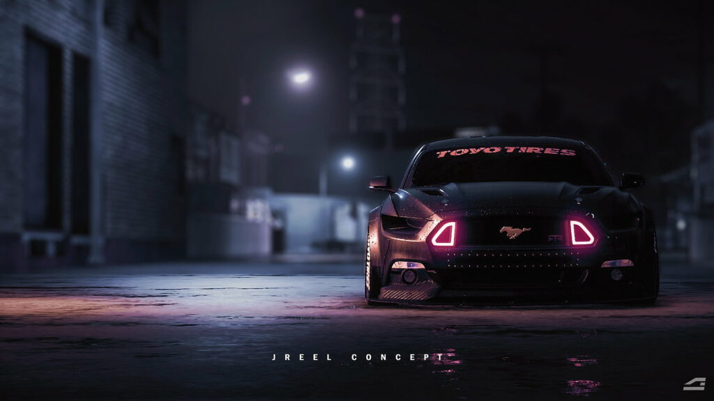 Midnight Ride: The Sleek and Shadowy Lack Ford Mustang on a Dark Mode of Transportation Background Wallpaper