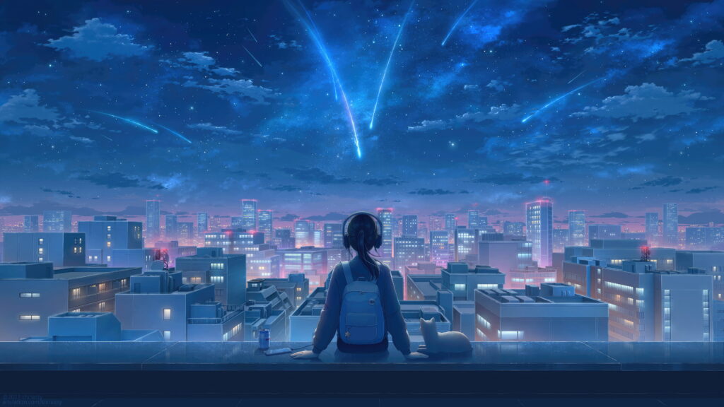Moonlit Serenade: Captivating Lofi Anime Girl Immersed in Stargazing with Headphones Wallpaper
