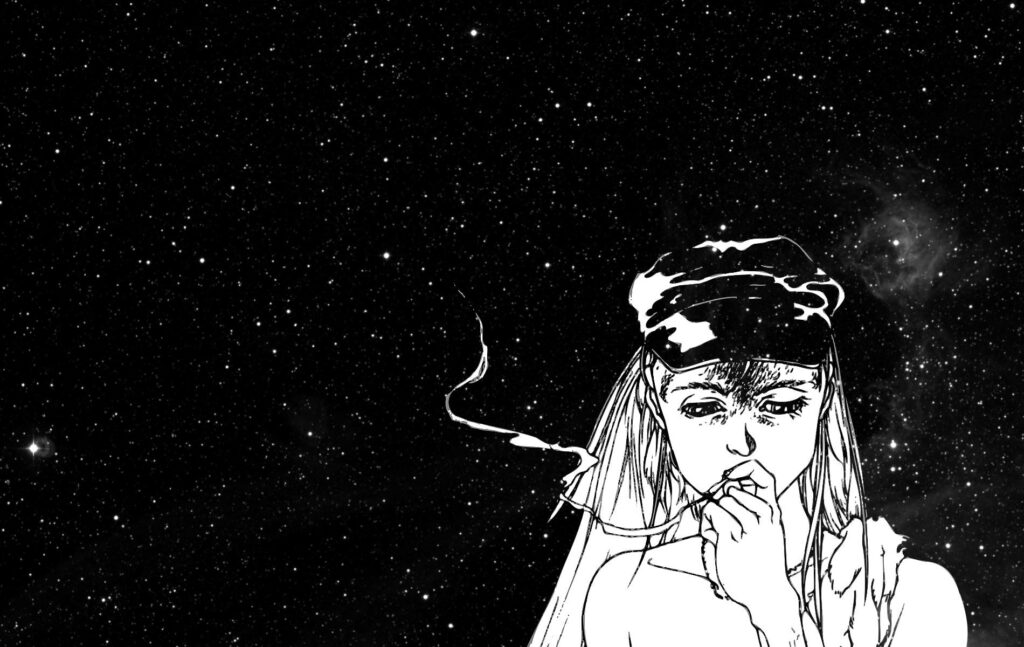 Enigmatic Beauty: Mesmerizing Night Sky Encounter with Mysterious Smoking Girl Wallpaper