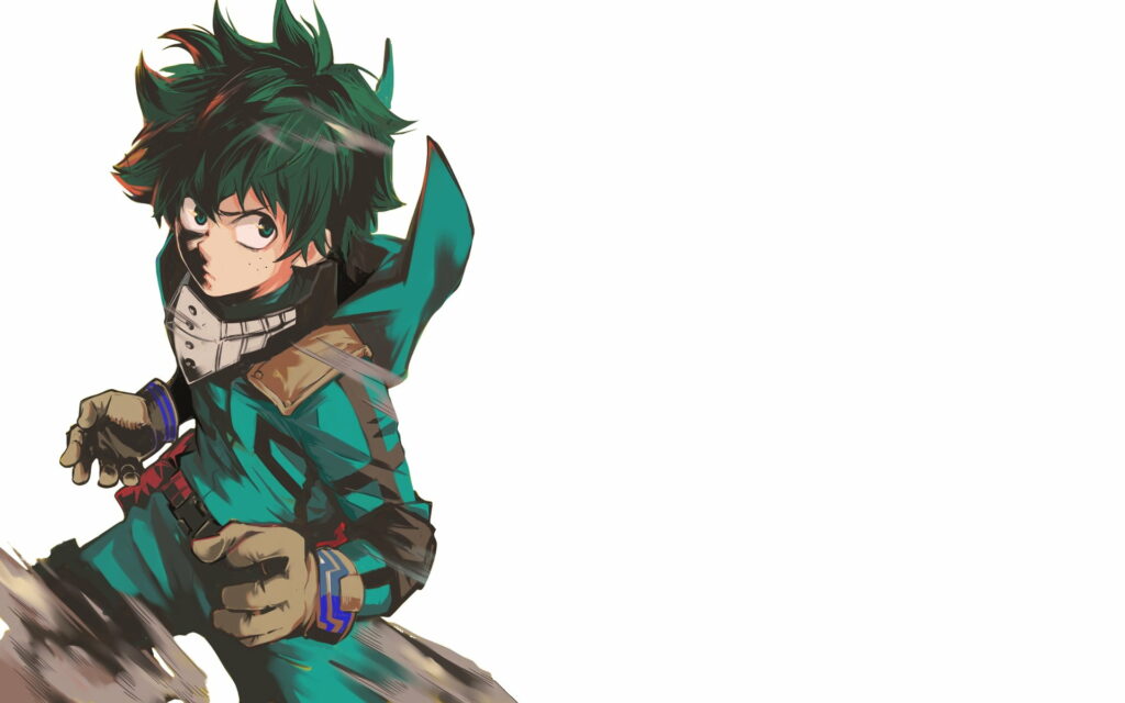 Izuku Midoriya Hero Academia HD wallpaper featuring Deku in hero suit on white background