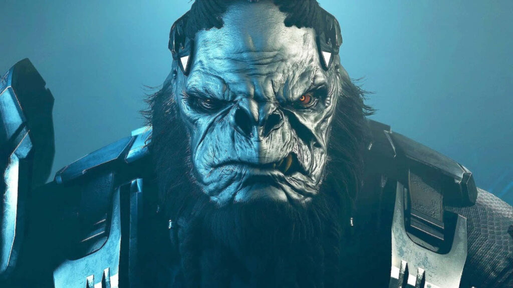 Mighty Atriox Halo Banished leader in intense armor on dramatic blue background wallpaper