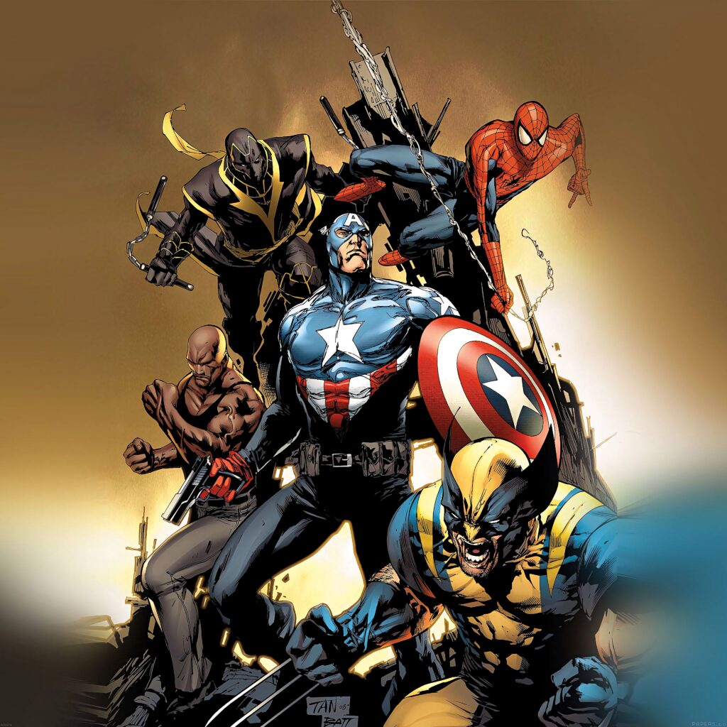 Mighty Avengers team with Captain America Wolverine Spider-Man ready for action on gold background Wallpaper