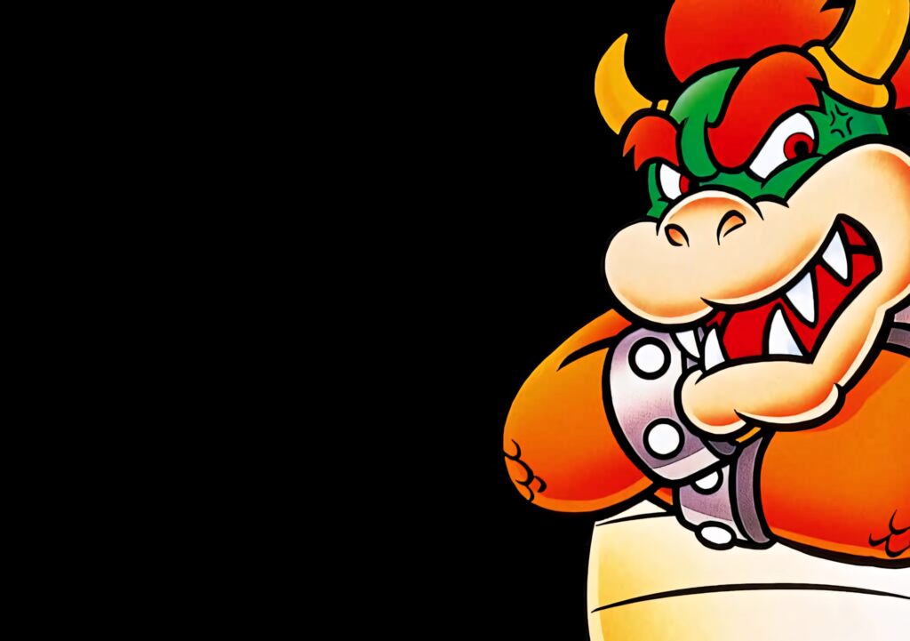 Bowser roaring fiercely in vibrant orange green and yellow battle pose Nintendo wallpaper background