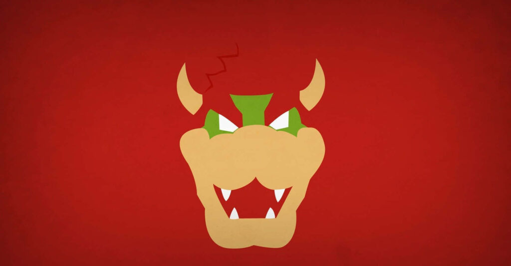 Bold minimalist Bowser face with sharp fangs fierce eyes and horns on deep red background wallpaper