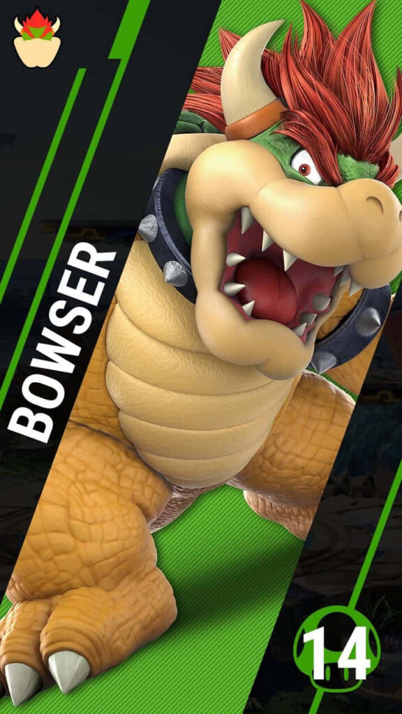 Close-up of Bowser roaring with spiked shell vivid orange and green tones Super Mario wallpaper