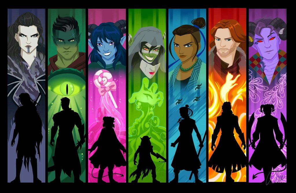 Critical Role Mighty Nein digital art vertical panels Yasha Fjord Jester Nott Beau Caleb Mollymauk wallpaper