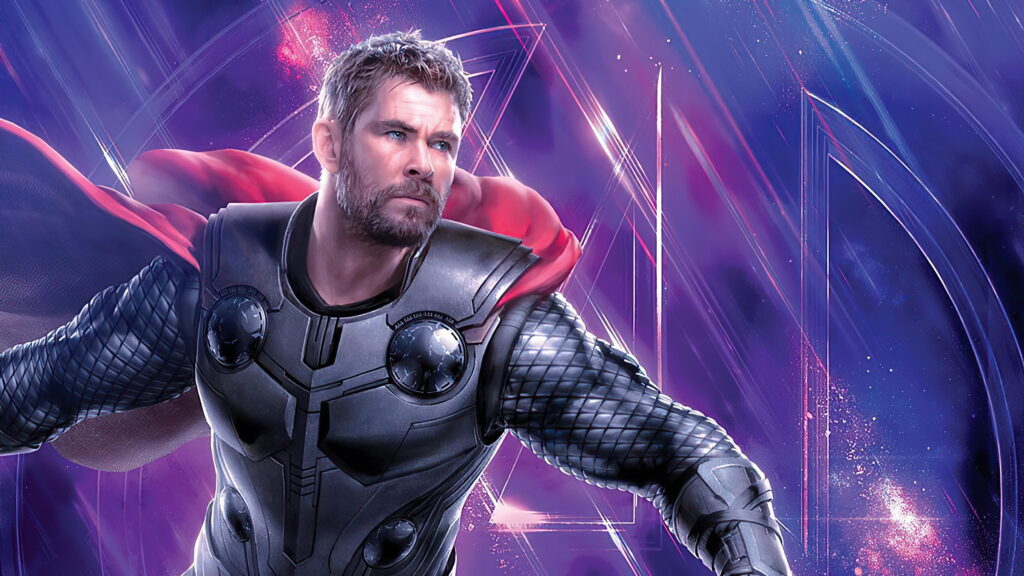 Thor Odinson 4K digital artwork with glowing violet Avengers logo background wallpaper
