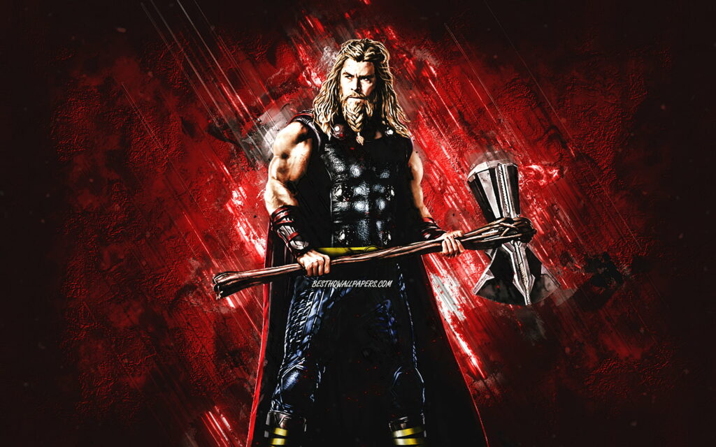 Thor: The Mighty Avenger Unleashing Power against a Radiant Red Stone Backdrop - Epic QHD Wallpaper