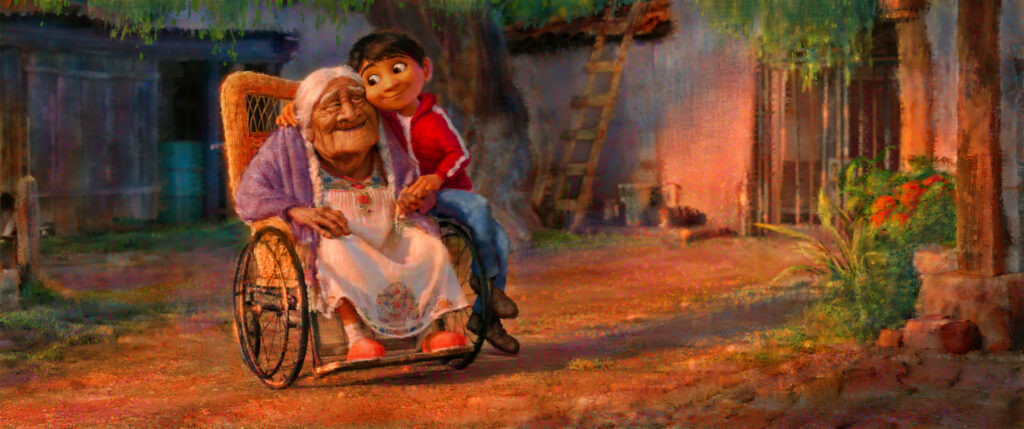 Mama Coco & Miguel: Heartwarming Wallpaper in Vibrant Courtyard
