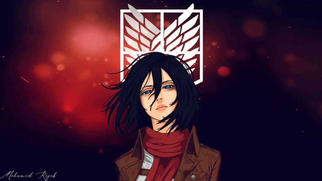 Crimson Revolution: A Majestic High-Definition Anime Wallpaper featuring Attack on Titan's Mikasa Ackerman in a Fiery Red and Black Background