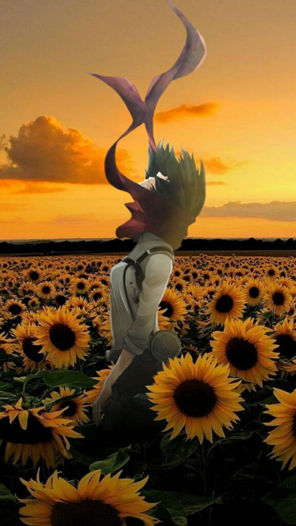 Mikasa Ackerman Embracing Hope: An AOT Tribute in Sunflower-Adorned Sky Wallpaper