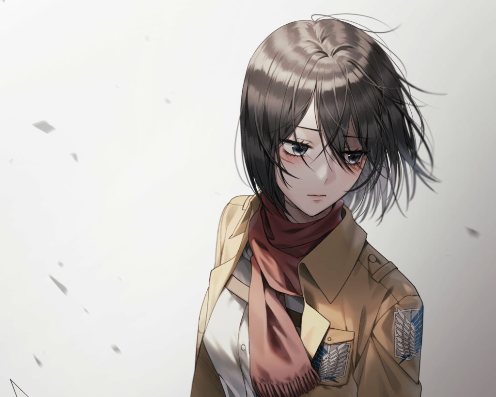 Mikasa Ackerman in Survey Corps uniform with red scarf and Winds of Freedom wings anime wallpaper