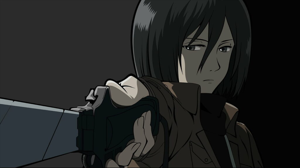 Mikasa Ackerman intense close-up holding ODM blade dark moody Attack on Titan wallpaper