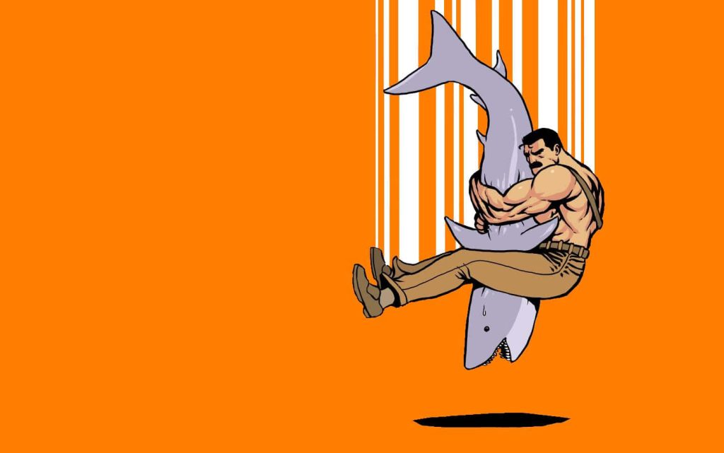 Mike Haggar hugging shark mid-air vibrant orange background Final Fight surreal artwork wallpaper