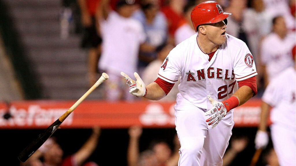 Mike Trout Action Wallpaper: Dynamic Bat Release Moment on Field