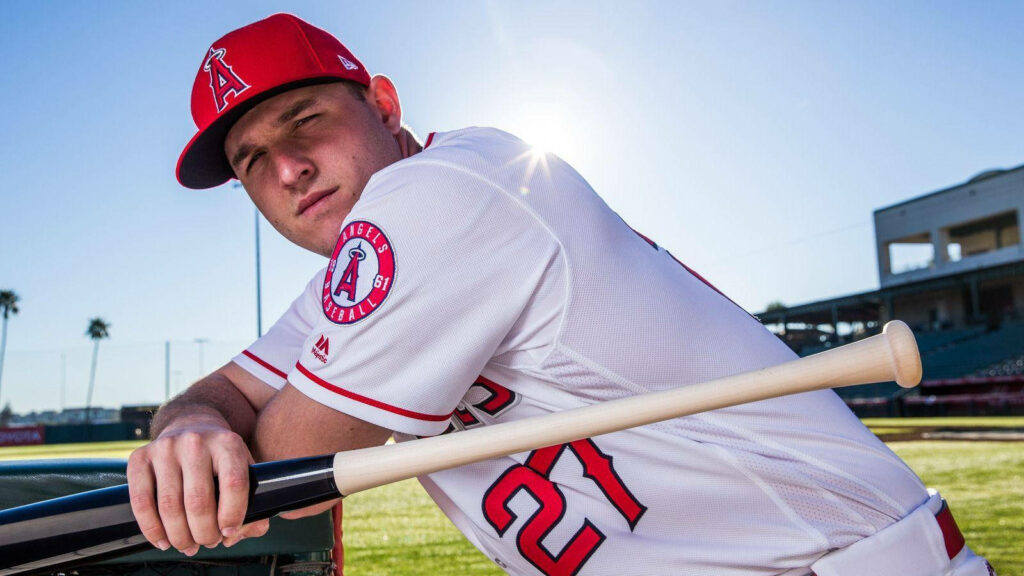 Mike Trout's Confident Baseball Stance: Striking Sports Wallpaper