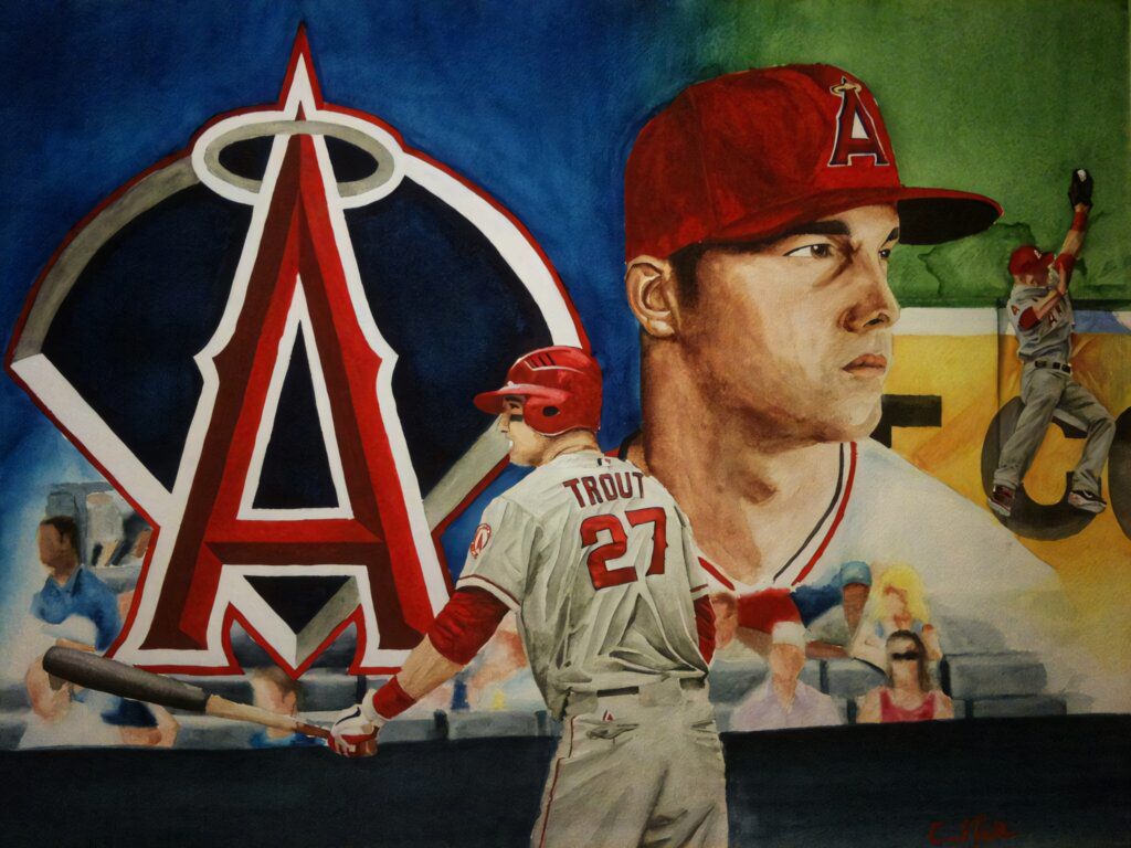 Vibrant Mike Trout Fan Art Wallpaper with Angels Logo Background