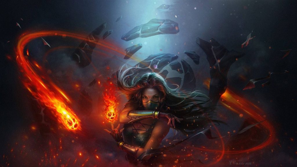 Mileena Mortal Kombat digital art fiery combat scene dark background intense fantasy power Wallpaper