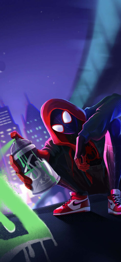 Spray-painting Superhero: Miles Morales Unleashes his Creative Powers in a Marvelous iPhone Wallpaper