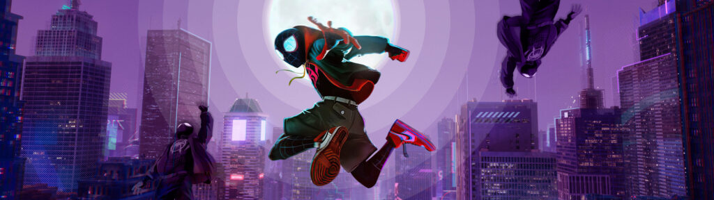 Midnight Leaps: Miles Morales Embracing the Nighttime Chaos in Spider-Verse Cityscape Wallpaper